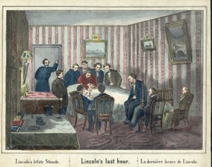 リンカーンの最期の時、pub.1865年（手彩色の彫刻）。 作： American School