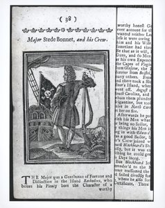 メジャー・ステップ・ボンネット、38ページ、最も悪名高い海賊とその乗組員の歴史と生活、1725年 作： American School