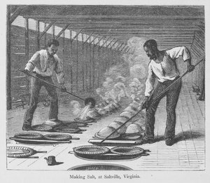 バージニア州スラットヴィルでの塩作り（1874年頃に出版されたエドワード・キングの「The Great South」より）（彫刻