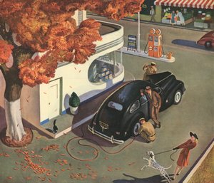 ガソリンスタンドで車のサービスを受ける男性 作： American School