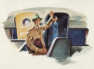 飛行機に乗り込む際、手を振って別れを告げる男 作： American School
