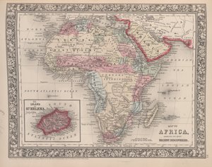 ミッチェルズの新しいアトラス、1863年からのセントヘレナ島の差し込みによる最新の発見を示したアフリカの地図、1863年（カラー彫刻）