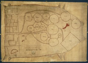 先住民の土地の地図、1721〜25年頃（ベラム） 作： American School