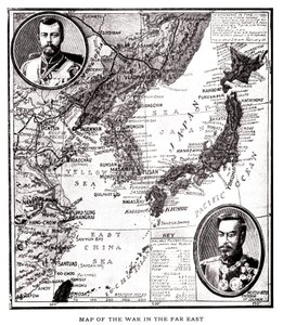 日露戦争（1904-1905）時のロシア東部、朝鮮半島、日本の地図。メダルにはロシア皇帝ニコライ2世（1868-1918）と日本の明治天皇（1852-1912）。図版、『ロシアと日本、日露戦争全史』所収。 作： American School