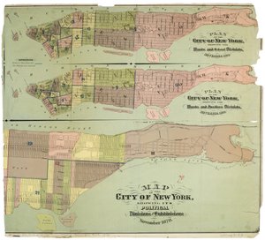 ニューヨーク市の地図で、その政治的区分と細分化を示す 作： American School
