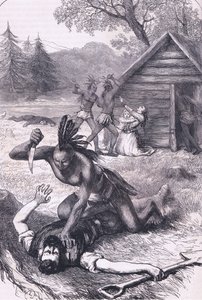 入植者の虐殺、カッセルの米国の歴史出版物からのイラスト、ペッター＆ガルピンc.1890 作： American School