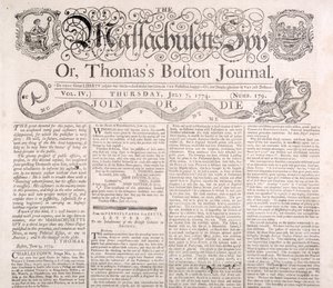 1774年7月7日、マサチューセッツのスパイのマストヘッド（印刷） 作： American School