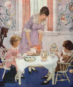 子供のためにパンを切る母 作： American School