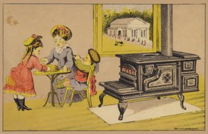 ストーブの隣で食べる母と子 作： American School