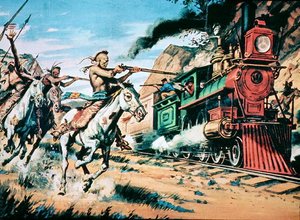 侵略者「鉄の馬」を襲うネイティブアメリカンの戦士たち（油彩・キャンバス） 作： American School