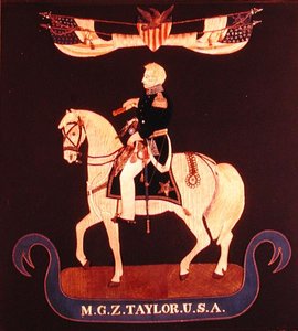 馬に乗ったザカリー・テイラー少将を描いた針仕事の絵、1846-55年頃（フェルト、絹、麻、綿、金属、革、ガラス、絵の具） 作： American School