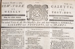 1765年11月7日印刷された切手への反対を宣言するニューヨーク官報マストヘッド（印刷） 作： American School