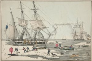 北海のクジラ漁、パブ。1860年（カラーリトグラフ