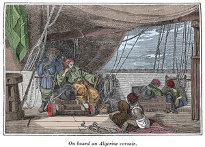アルジェリアの海賊の船上にて チャールズ・エルムス著「The Pirates Own Book, authentic narratives of the most celebrated sea robbers」（1837年、ボストン）より引用 作： American School