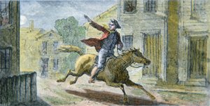 ポール・リビアが1775年4月18日の夜に行った有名な乗馬（カラーリトグラフ 作： American School