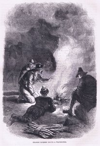巡礼の父たちが監視の火を囲んでいる様子。1890年頃にPetter & Galpin社から出版されたCassell