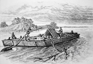 ミシシッピ川のパイオニア・フラットボート（1840年頃）（彫刻 作： American School