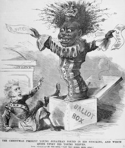 アンドリュージャクソン大統領（1767-1845）がアメリカでの黒人投票の見通しに怯えていることを描いた政治漫画