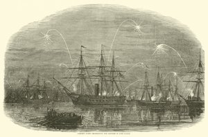 1865年1月、フォートフィッシャーの捕獲を祝うポーター艦隊 作： American School
