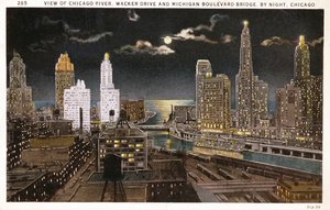 夜のシカゴのポストカード、1930年頃 作： American School