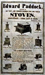 コネチカット州ミドルタウンのEdward Paddock社製の「Air Tight and Common Premium Cook and Parlor Stoves」の宣伝ポスター（リトグラフ版） 作： American School