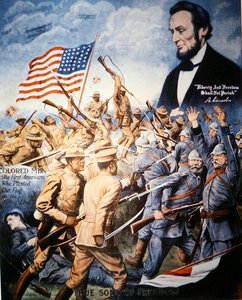 第一次世界大戦におけるアフリカ系アメリカ人兵士の英雄性を讃えるポスター（カラーリトグラフ） 作： American School