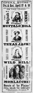 バッファロー・ビル（1846-1917）、テキサス・ジャック（1846-79）、ワイルド・ビル・ヒコック（1837-76）が出演した演劇「Scouts of the Plains」のポスター 1873年（プリント 作： American School