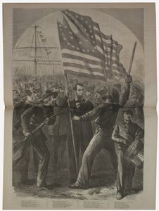 リンカーン大統領、フォートスティーブンスの戦いに関与、1864年の「ハーパーズウィークリー」のイラスト 作： American School