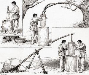 原始的なトウモロコシの挽き方（1884年発行の「The Century Illustrated Monthly Magazine」より）（木版画 作： American School