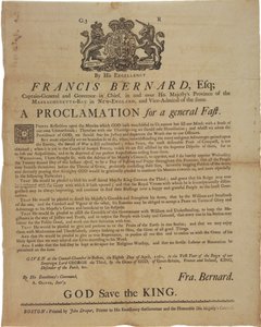 マサチューセッツ湾総督、フランシス・バーナードの名による宣言：1761年4月8日、フレンチ・インディアン戦争中の断食の日を発表 作： American School
