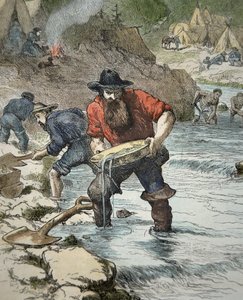1849年のカリフォルニア・ゴールドラッシュで金を採掘する探鉱者たち（カラー図版