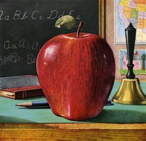 教師の机に置かれたレッド・デリシャス・アップル 作： American School
