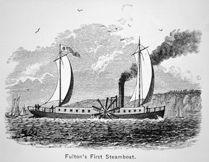 ロバート・フルトン（1765-1815）の最初の蒸気船「クラーモント」。 作： American School