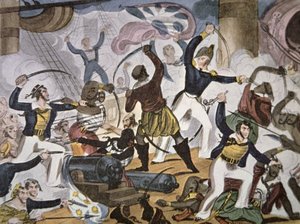 アルジェリアの海賊船に乗り込むイギリス海軍の水兵たち（1820年頃）（カラーリトグラフ 作： American School