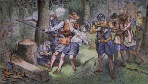 1607年のバージニア州ジェームスタウンの入植（カラー図版 作： American School