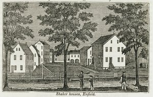 1856年のジョンワーナーバーバーによる「コネチカット歴史コレクション」のエンフィールドのシェーカー家 作： American School