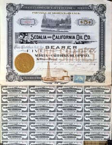 米国、セデーリアおよびカリフォルニア石油会社の株券、1901 作： American School