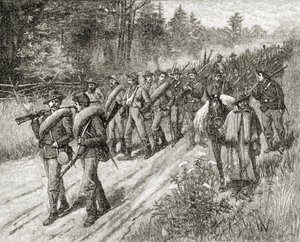 1885年にASバーンズウント社が発行した「米国の簡単な歴史」からの1865年の海への行進中のシャーマン軍 作： American School