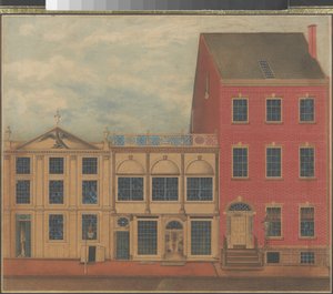 ニューヨーク市のフルトンストリートにあるダンカンファイフの店と倉庫、c.1817-1820（白い紙に水彩、インク、ガッシュ） 作： American School
