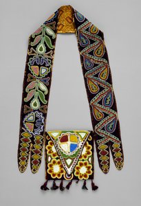 ショルダーバッグ、1820年頃（ウール、シルク、糸、ガラスビーズ、綿布 作： American School