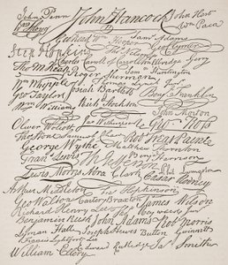 独立宣言への署名、1776年、イングランドのカッセルズイラストレイテッドヒストリーからのイラスト（セピア写真） 作： American School