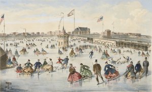 ユニオン・ポンドでのスケート、パブ。1863年（カラーリトグラフ 作： American School