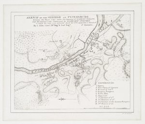 1781年4月25日、フィリップス少佐指揮のイギリス軍とスチューベン少佐指揮のアメリカ軍との間で行われたピーターズバーグでの小競り合いのスケッチ。フィリップス少佐指揮の英国軍とスチューベン少佐指揮のアメリカ軍との間の小競り合いで、後者は敗北した（1781年4月25日