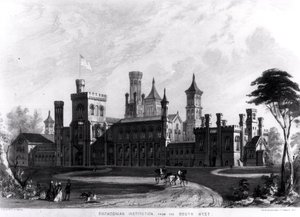 1849年にサロニーウントメジャーによって彫刻されたロバートD.オーウェンによる「公共建築のヒント」からの南西部のスミソニアン協会 作： American School
