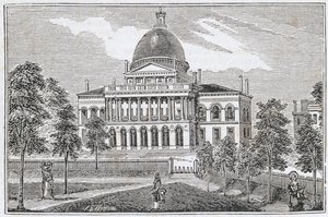 1839年にSEブラウンによって彫刻されたジョンワーナーバーバーによる「マサチューセッツの歴史的コレクション」からのビーコンストリートにあるボストンの州議会議事堂の南側ビュー 作： American School