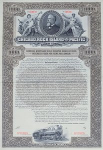 シカゴ、ロックアイランドアンドパシフィックレイルウェイカンパニー、1898年の1000ドルの標本債券 作： American School