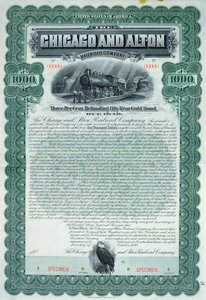 1899年のシカゴおよびアルトン鉄道会社の1000ドルの標本債券 作： American School
