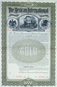 メキシコ国際鉄道会社のための1000ドルの標本債券証明書、1897年 作： American School