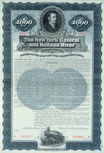 ニューヨークセントラルおよびハドソンリバー鉄道会社のための1000ドルの標本債券証明書、1900年頃 作： American School