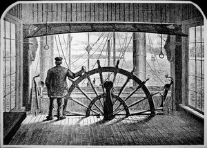 操舵室にいる蒸気船の水先案内人、1870年頃（エングレービング 作： American School